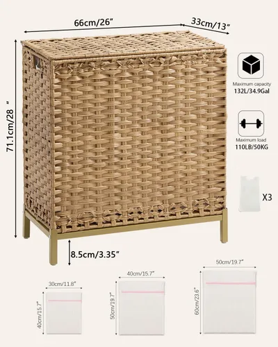 Miniatura 5 de SETVSON Cesta de ropa sucia con tapa de 132 L, (35 galones) cesta de ropa sucia con tapa, cesta de ropa sucia de ratán tejida a mano con pies Natural
