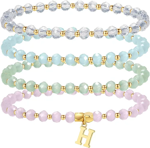 Miniatura 9 de IEFWELL Pulseras con iniciales para niñas y niños – Juego de 4 pulseras de cristal rosa/azul/blanco/verde, pulsera elástica para niños, joyería