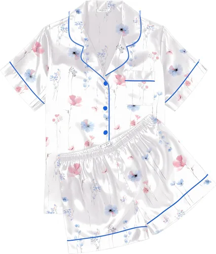 Miniatura 34 de Ekouaer Conjunto de pijama de satén de seda para mujer, suave, de manga corta, con botones, ropa para dormir, camiseta y pantalones cortos, juego