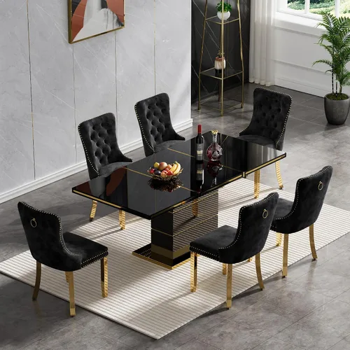 Miniatura 14 de Juego de 5 mesas de comedor negras brillantes para 4, mesa de cocina moderna de madera de alto brillo con 4 sillas de terciopelo beige, mesas