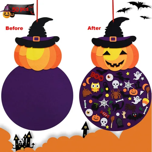 Miniatura 2 de THAWAY Decoración colgante de bruja de calabaza de fieltro de Halloween, manualidades y kits de fieltro, adornos adhesivos, decoraciones de fiesta