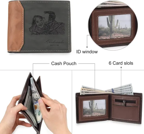 Miniatura 4 de Carteras personalizadas para hombres, cartera personalizada para hombre con imagen grabada y nombre, billetera delgada de cuero plegable, regalos