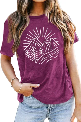 Miniatura 38 de Camisetas sin mangas de senderismo y montaña para mujer, divertidas camisetas de entrenamiento con gráficos de pino y amanecer, camisetas de verano
