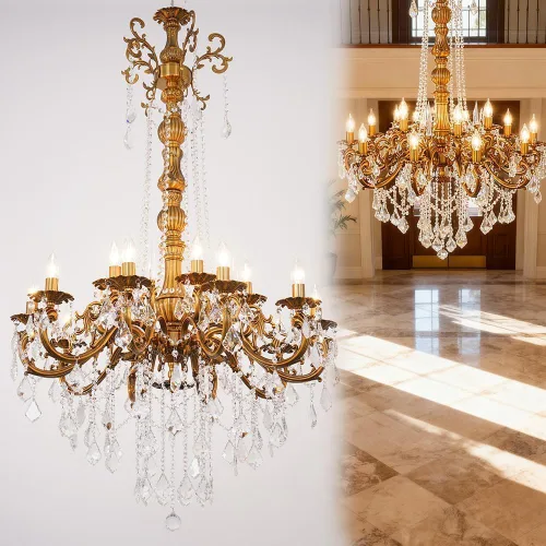 Miniatura 9 de Candelabros de cristal de bronce antiguo de lujo con lámpara colgante de vela, lámpara de techo de 6 luces de cristal dorado para comedor, sala