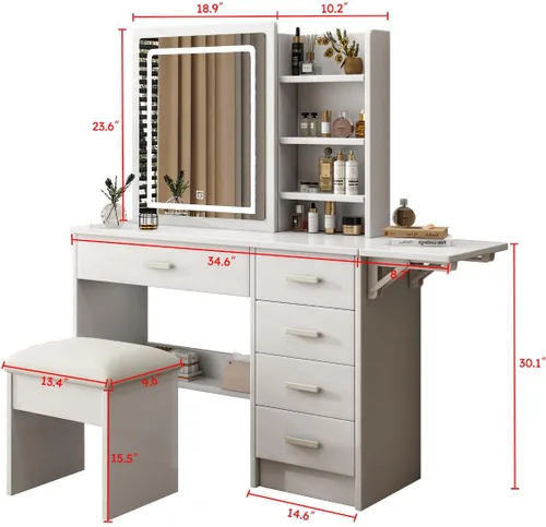 Miniatura 7 de Montary Escritorio de tocador de maquillaje con espejo y luces, juego de mesa de tocador blanca con 5 cajones, espejo deslizante, estantes