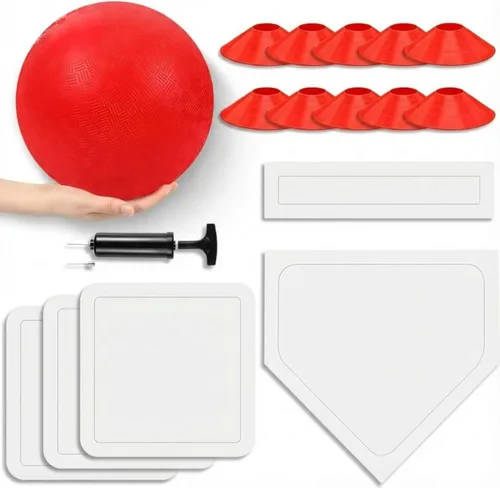 Miniatura 12 de Hiboom Juego de 16 piezas de kickball deportivo que incluye bola de parque infantil de 10 pulgadas, 5 bases de goma, bomba de bola, 10 conos