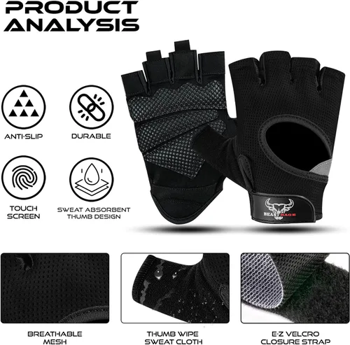 Miniatura 2 de BEAST RAGE Guantes sin dedos para levantamiento de pesas con acolchado de protección en la palma, guantes de gimnasio transpirables y ligeros