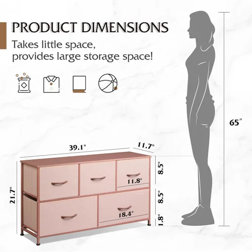 Miniatura 3 de WLIVE Cómoda para Dormitorio con 5 Cajones, Cómoda de Tela de Ancho Amplio, Unidad de Organización de Almacenamiento con Cajones de Tela para Rosa
