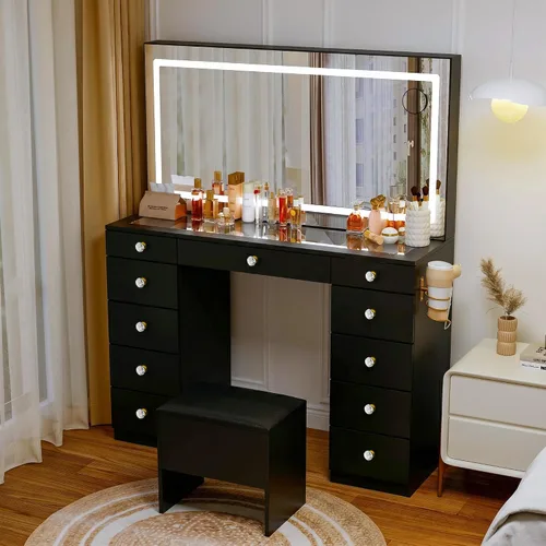 Miniatura 4 de Escritorio de tocador con 11 cajones con parte superior de cristal con silla, manijas de cristal con espejo y luces, tocador con toma de corriente