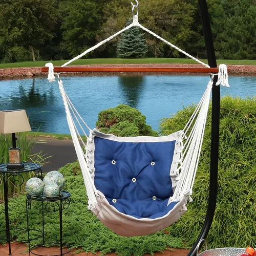 Miniatura 3 de Sunnydaze Silla hamaca colgante grande estilo victoriano, resistente, capacidad de 300 libras, color azul marino