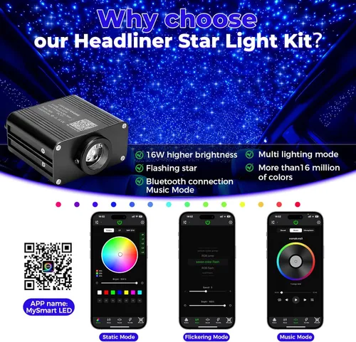 Miniatura 2 de Kit de luces de estrella para techo GEARPASS, kit de luces de estrella para techo, 600 piezas de 0.03 pulgadas 9.8 pies de fibra óptica para techo