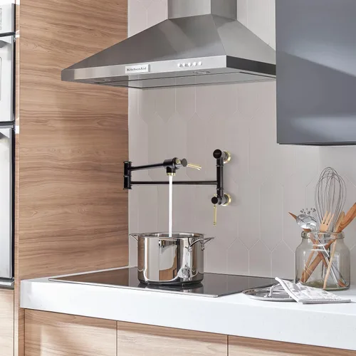 Miniatura 2 de Lava Odoro PF312-GB PF312-GB - Llenador de ollas de cocina plegable de dos accesorios, negro y latón, con brazo oscilante de doble junta, negro