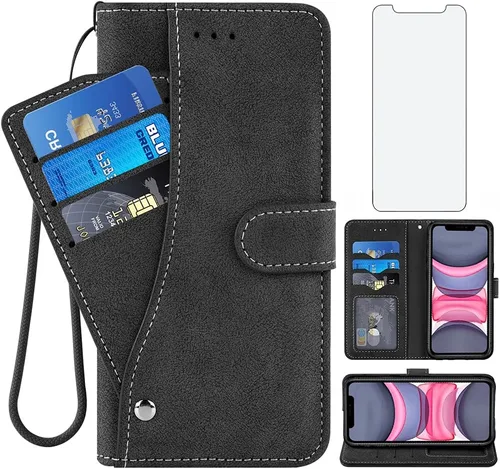 Asuwish Funda tipo cartera compatible con iPhone 11 Pro 5.8 y protector de pantalla de vidrio templado, soporte para tarjetas de crédito, accesorios