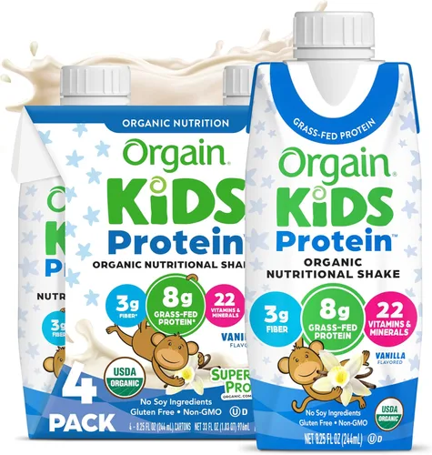 Orgain Batido nutricional de proteínas para niños, vainilla - 8g de proteína, 22 vitaminas y minerales, frutas y verduras, sin gluten, sin soja, sin