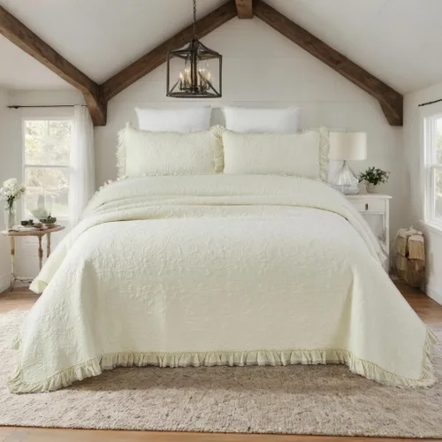 Miniatura 18 de Brandream Queen Size Quilt Set Cotton Beige Quilts Luxury Farmhouse Bedding Set Matelasse Coverlet Scalloped Quilt Set 3-Piece
