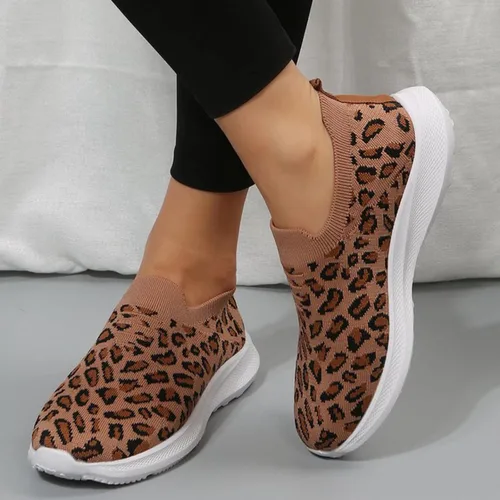 Miniatura 4 de Tenis de moda con estampado de leopardo para mujer, parte superior de malla elástica, transpirables, cómodos y ligeros, mocasines y sin cordones