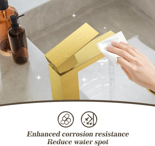 Miniatura 6 de Phiestina Grifo de tocador de baño de una sola manija cuadrada de oro cepillado con drenaje desplegable de metal con placa de cubierta, línea