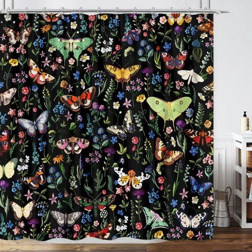 Miniatura 15 de Cortina de ducha de mariposa floral negra y dorada, cortina de ducha bohemia con diseño botánico de flores oscuras para baño con gancho, juego