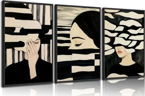 Arte de pared abstracto minimalista con textura en blanco y negro, decoración de pared, retrato femenino, pintura a rayas, imagen de niña, galería