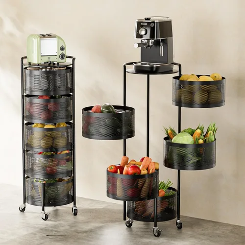 Miniatura 9 de JAQ Canasta giratoria de frutas, de metal resistente, almacenamiento multinivel de cocina, no requiere montaje, con ruedas, para frutas, verduras