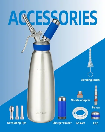 Miniatura 2 de Mosa Dispensador profesional de crema batida de acero inoxidable de 1 cuarto (1 litro), batidora de crema 3 en 1, máquina de preparación fría nitro