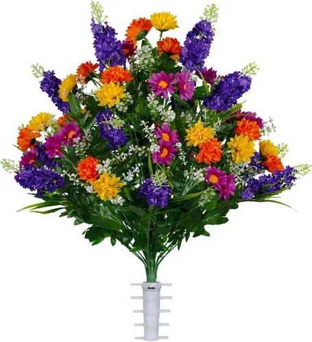 Miniatura 19 de Sympathy Silks Flores artificiales para cementerios – Decoraciones para tumbas - 1 ramo de flores silvestres de violeta púrpura y naranja, 1 montura