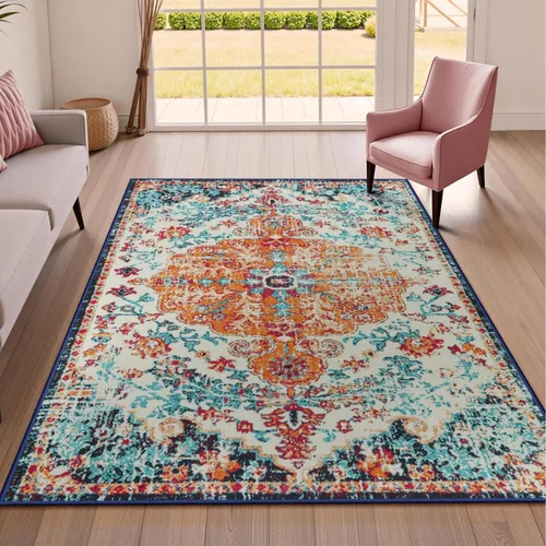 Miniatura 71 de Lahome Alfombra bohemia con medallón floral, 4 x 6 pies, color verde azulado, suave, lavable, antideslizante, apta para mascotas, alfombra