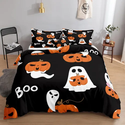 Miniatura 19 de Juego de funda de edredón de calabaza para Halloween, divertido diseño de calabaza malvada, color negro, juego de ropa de cama Tiwn 1 funda