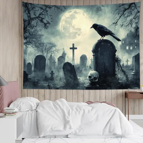 Miniatura 11 de HVEST Tapiz de Halloween de luna llena, lápida de cuervo negro, árbol muerto, tapiz para dormitorio, cementerio gris aterrador, bosque, decoración