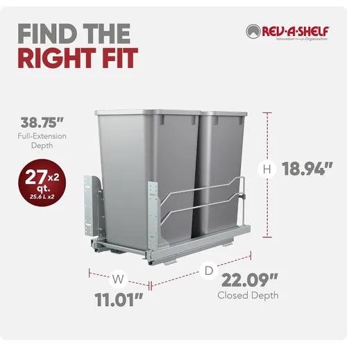 Miniatura 3 de Rev-A-Shelf - Cubo de basura extraíble doble para gabinetes de cocina base, 27 cuartos de galón, 12.5 galones con deslizadores de cierre suave, Gris