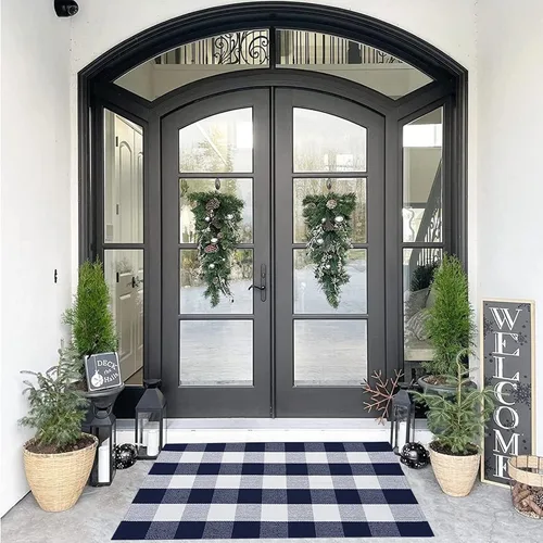 Miniatura 33 de SEEKSEE Alfombra de Algodón a Cuadros Buffalo de 27.5"x43" Alfombra a Cuadros Blanco y Negro Lavable Tapetes para Puerta Interior Exterior Alfombras