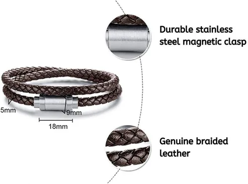 Miniatura 2 de Pulsera de cuero trenzada con cierre magnético de acero inoxidable para hombre, pulsera de cuero auténtico con cierre magnético