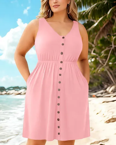 Miniatura 36 de Holipick Vestidos de verano para mujer, talla grande, casual, con bolsillos, acampanado, con botones, sin mangas, cuello en V