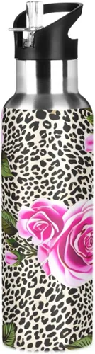 Pink Roses Leopard Print Stainless Steel Vacuum Insulated Water Bottle 20 Oz Leakproof Water Bottles, BPA-Free Sport Water Bottle Insulated