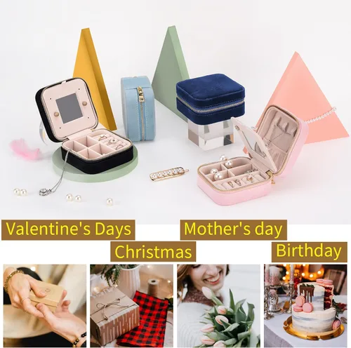 Miniatura 4 de Joyero de terciopelo de viaje con espejo, mini estuche de regalo para mujeres y niñas, pequeñas cajas organizadoras portátiles para anillos, aretes