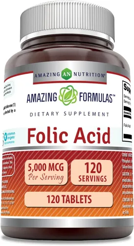 Amazing Formulas - 5000 Mcg de ácido fólico por porción, suplemento de tabletas, sin OMG, sin gluten, fabricado en Estados Unidos (paquete de 1, 120