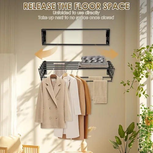 Miniatura 3 de XL-31.5'' Tendedero de Ropa Montado en la Pared, 130 lbs Gran Capacidad Antioxidante Retráctil Plegable Tendedero Fácil Instalación con 7 Varillas