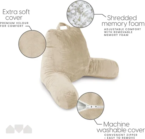 Miniatura 3 de Milliard - Almohada de lectura con brazos, crema, almohada de espalda con espuma viscoelástica triturada para sentarse en la cama - Respaldo