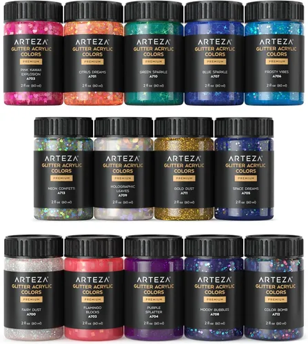 Miniatura 8 de ARTEZA - Pintura acrílica con purpurina, 14 colores iridiscentes, botellas de 2 onzas, base transparente, pintura gruesa, suministros de arte