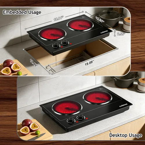 Miniatura 5 de CUSIMAX Doble quemador, placa eléctrica de cerámica de 1800 W para cocinar, estufa infrarroja de doble control, quemador portátil de encimera, placa