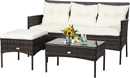 Miniatura 13 de Tangkula juego de sofá de esquina para patio de 3 piezas, juego de sofá de ratán para exteriores, incluye chaise lounge, sofá doble y mesa auxiliar