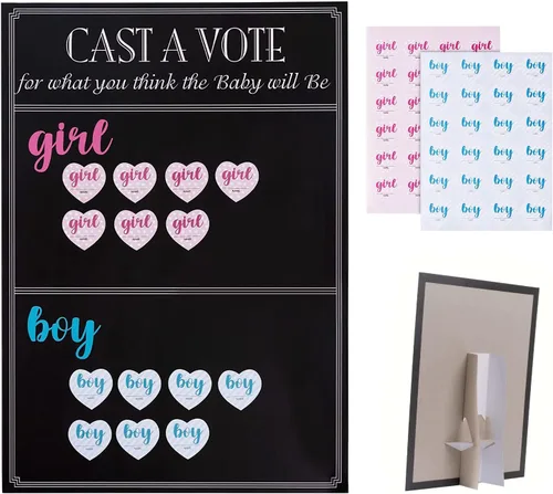 Juego de mesa para revelar el género del bebé con 144 calcomanías de voto para niña o niño, cartel de voto con soporte, diseño de pizarra (12 x 17