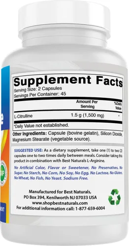 Miniatura 6 de Best Naturals Cápsulas de L-citrulina – 1500 mg/porción – Sin OMG – Sin gluten – 90 cápsulas (90 unidades (paquete de 1))