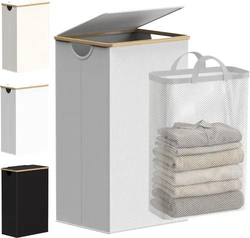 efluky Cesta de lavandería con tapa y bolsa extraíble, cesta de lavandería de 100 litros de alto con asas de bambú, papelera estética para ropa Gris