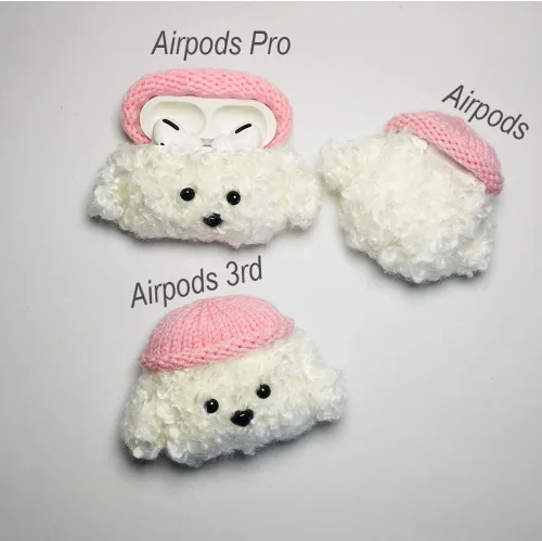 Miniatura 6 de Lindo estuche de felpa suave hecho a mano de piel blanca esponjosa para perros y perritos de peluche para Airpods2 Airpod de dibujos animados