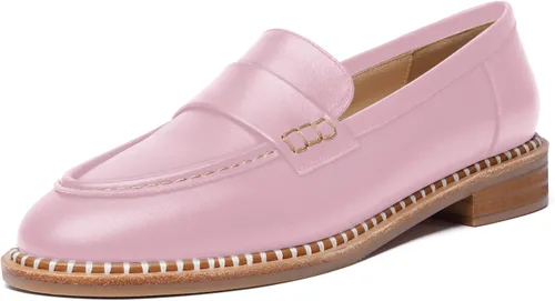 Miniatura 12 de FOGEENA Mocasines de cuero mate para mujer, estilo casual, sin cordones, punta redonda, tacón bajo grueso, zapatos de vestir de 1 pulgada