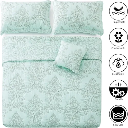 Miniatura 3 de Home Soft Things Juego de colcha de damasco de 4 piezas, edredón reversible con borde festoneado, juego de ropa de cama prelavado, patrón floral