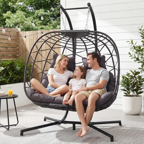 Miniatura 11 de NICESOUL Acogedora silla colgante con soporte para interiores y exteriores, silla columpio de mimbre para patio con cojín y patas doradas, 350