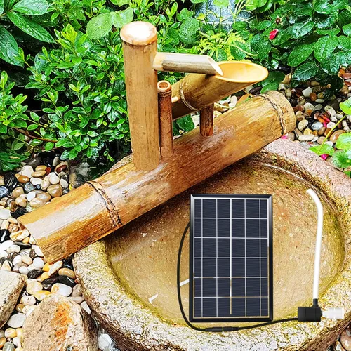 Fuente de agua para exteriores alimentada por energía solar, fuente de bambú zen con bomba, panel solar de 6 W, filtro de agua y tubo de agua de 6.6
