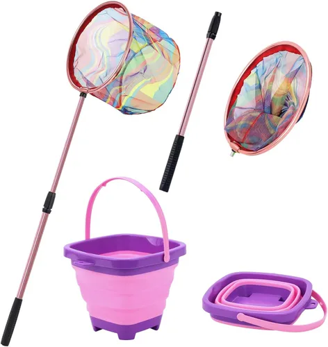 Miniatura 8 de Red de pesca para niños, red de aterrizaje telescópica con mango de poste de aluminio, cubo de arena plegable, red de mariposa para jugar al aire